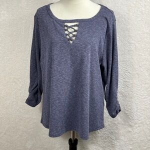 Democracy Knit Top Criss Cross Long‎ Sleeve Casual Heather Blue 1X